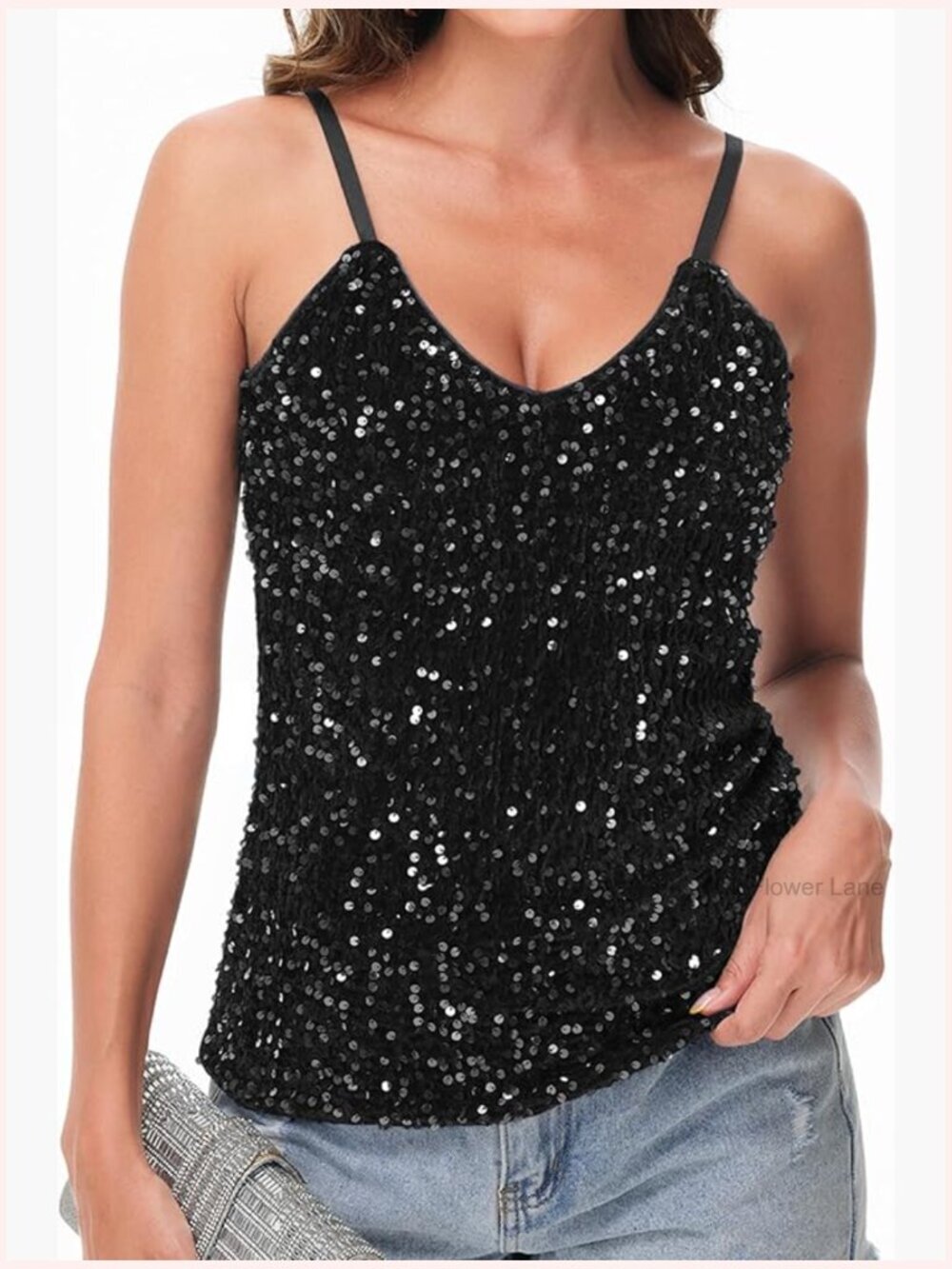Women's Sleeveless Sequin V Neck Tank Top with Adjustable Straps